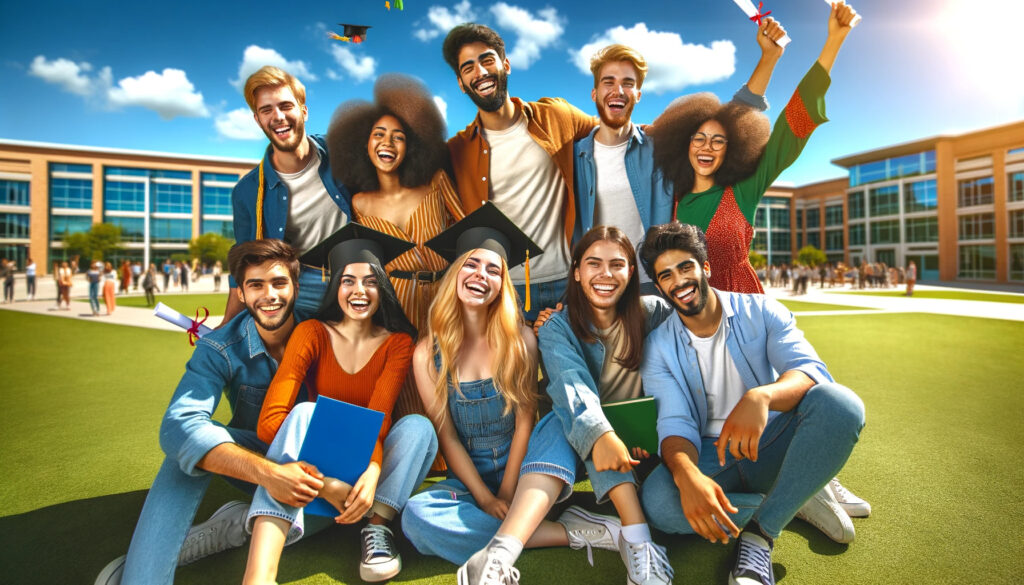 DALL·E 2023 11 15 18.46.48 A vibrant and joyful scene depicting a group of diverse students celebrating their academic achievements. The setting is outdoors on a sunny day with